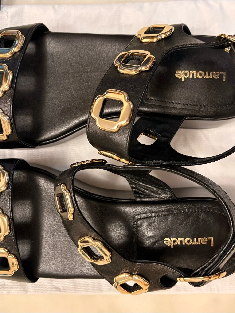 Larroude Milan Black Platform Sandals with Gold Accents